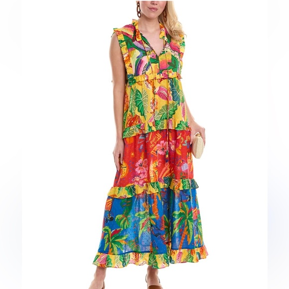 🌴Farm Rio Mixed Prints Tiered Tropical Maxi Dress - Picture 2 of 9